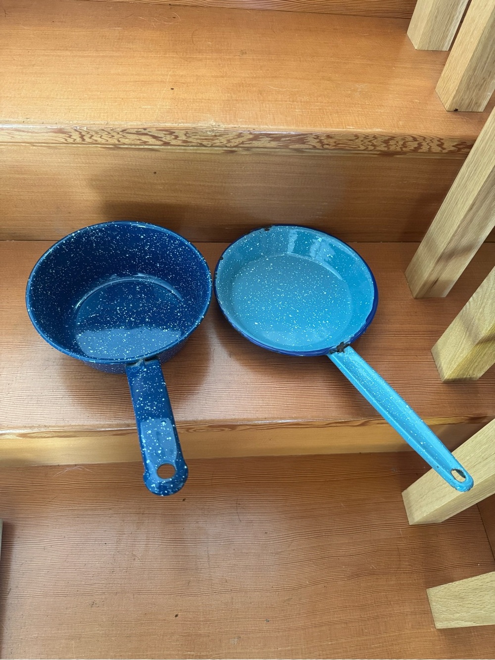 2 Blue Speckled Enamel Saucepans for camping, decor or up-cycle